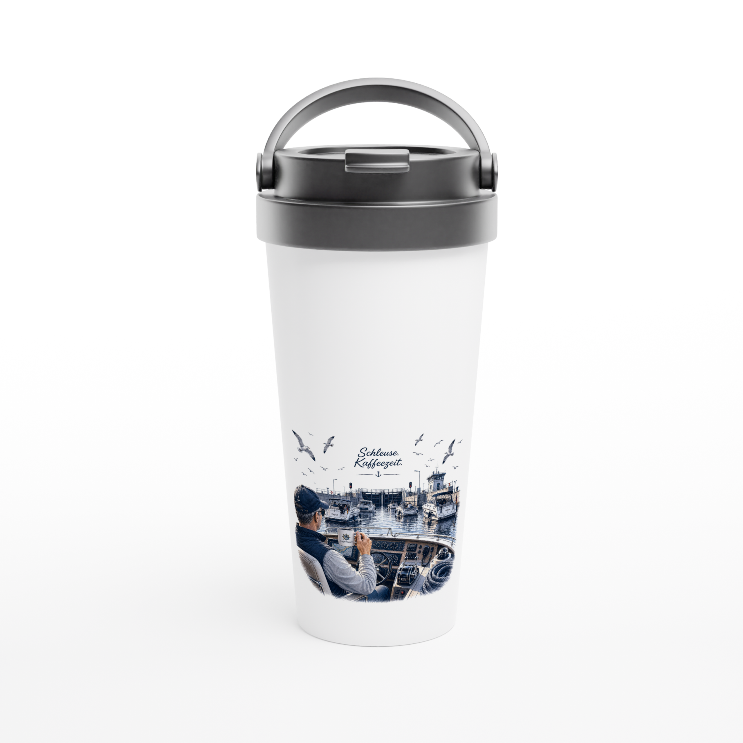 Schleuse_Becher_front Maritimer Isolierbecher "Schleuse. Kaffeezeit." – Bild 1