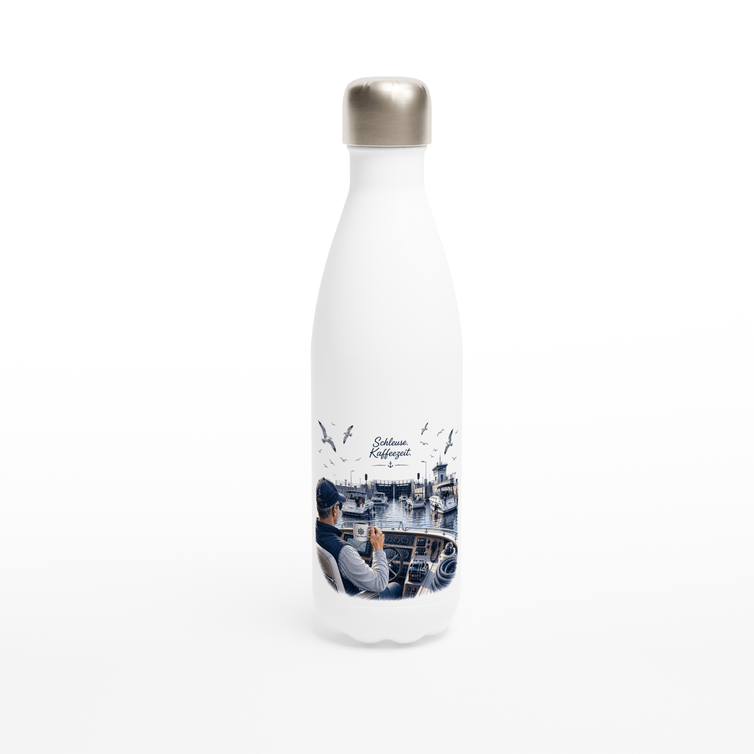 Schleuse_Flasche_front Maritime Isolierflasche "Schleuse. Kaffeezeit." – Bild 1