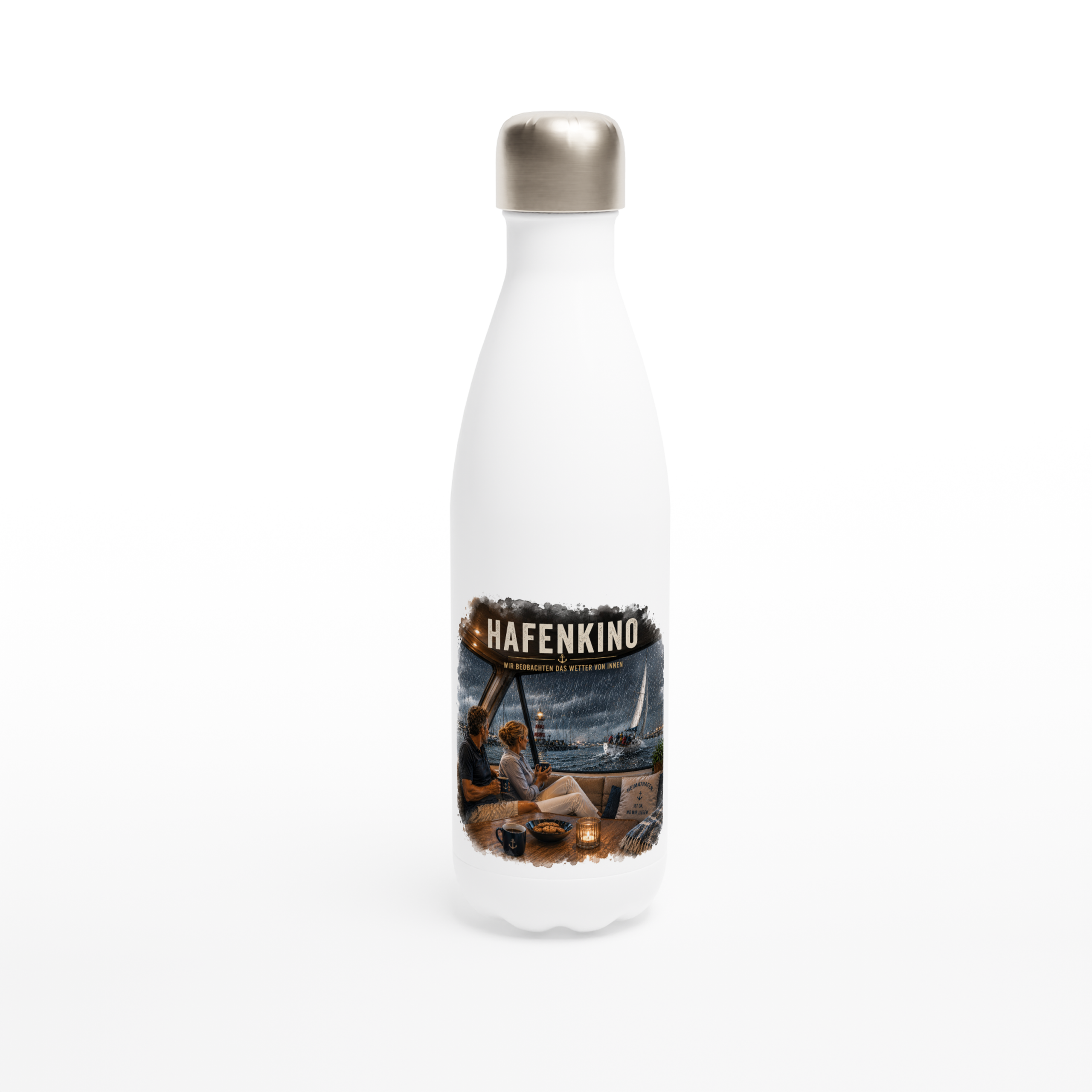 Hafenkino_Flasche_front Maritime Isolierflasche "Hafenkino" – Bild 1