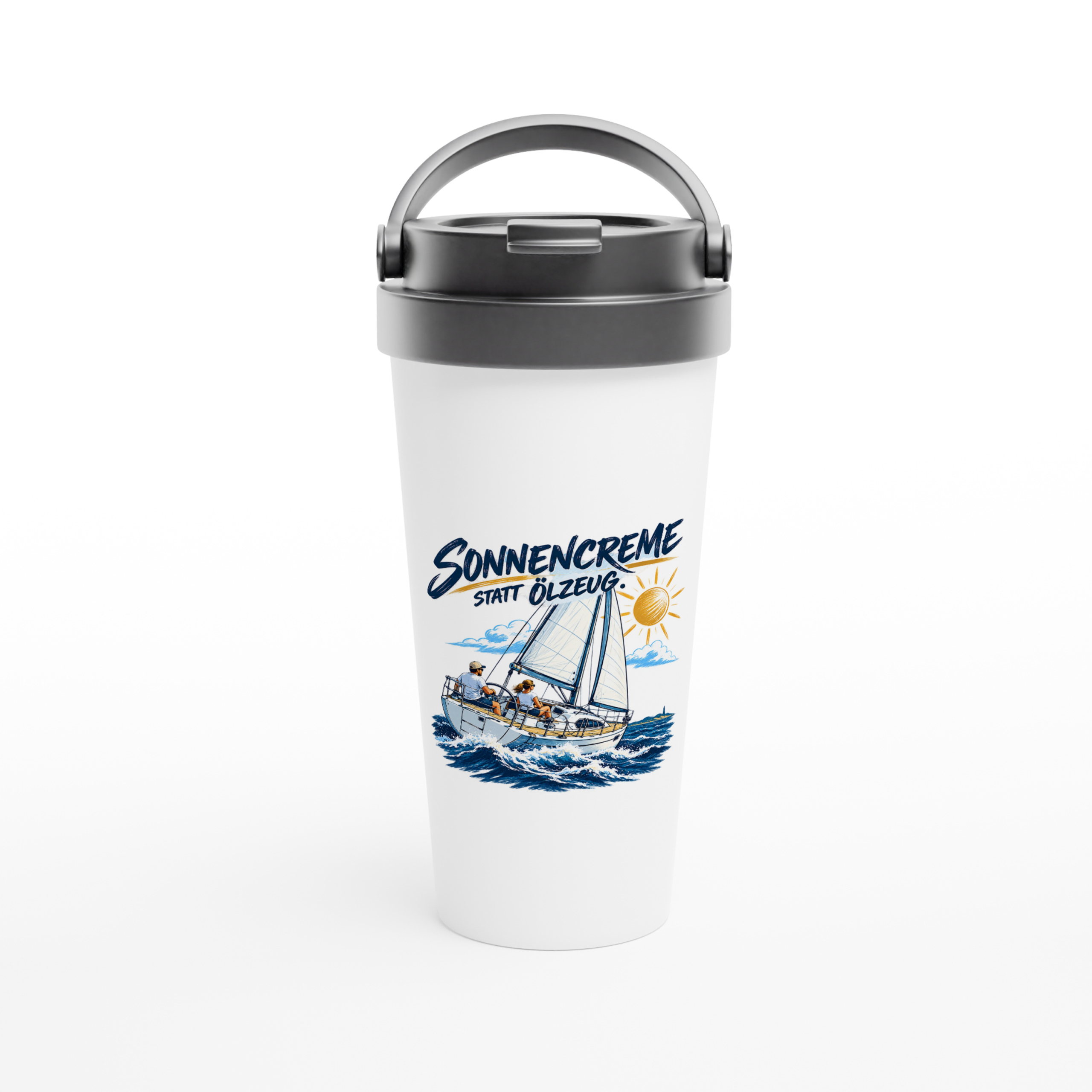Sonnencreme_Becher_front Maritimer Isolierbecher "Sonnencreme statt Ölzeug" – Bild 1